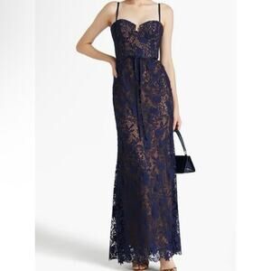 MARCHESA Norte Satin-Trimmed Guipure Lace And Tulle Gown Navy size 4